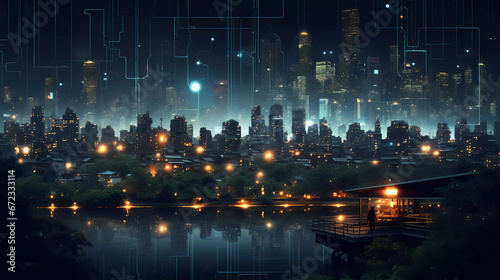 a computer generated image of a city with houses and trees at night time with lights on the buildings and the surrounding area