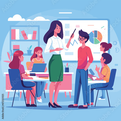 Vector Artistry: Professor and Students in Colorful Classroom