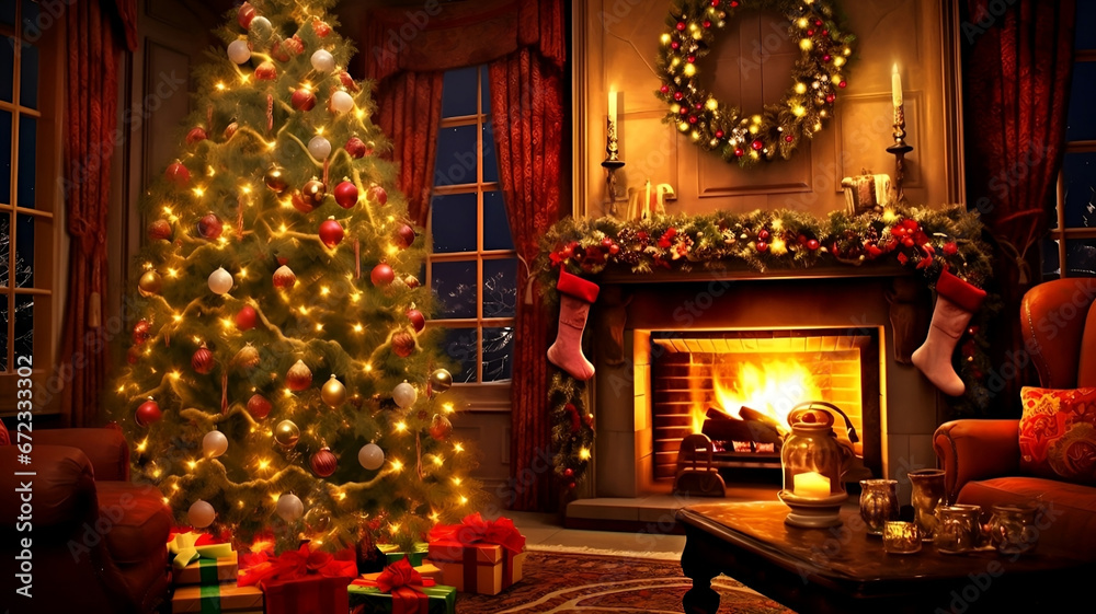 Stylish interior of living room with fireplace decorated Christmas tree. Christmas decoration. Generative AI