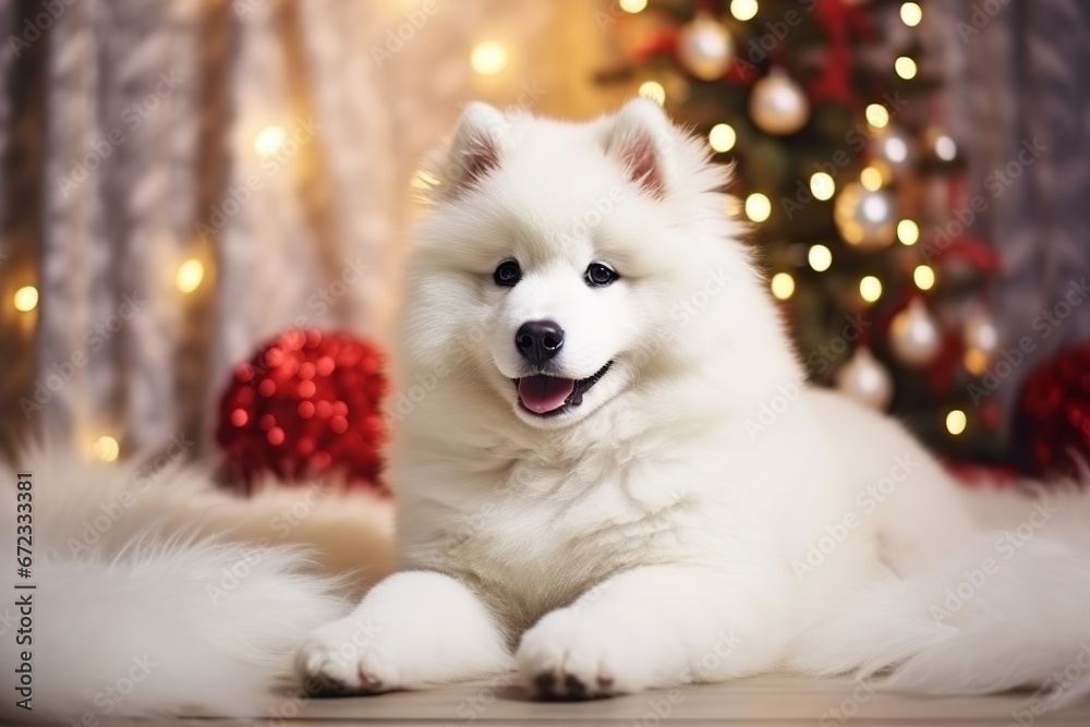 christmas portrait of a cute samoyed puppy 