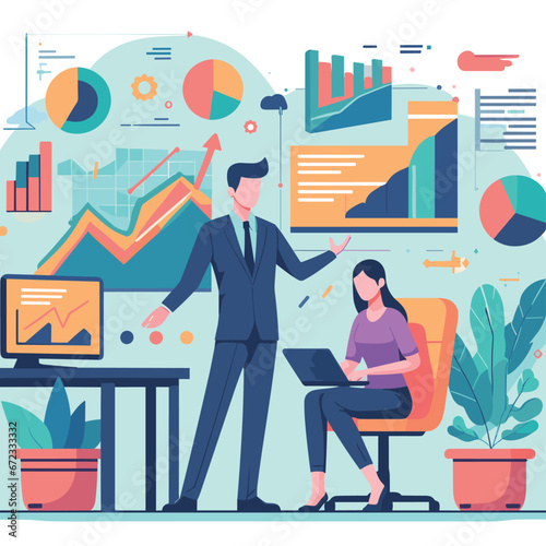 Ascending Graphs: Office Workers in Discussion, Flat Design