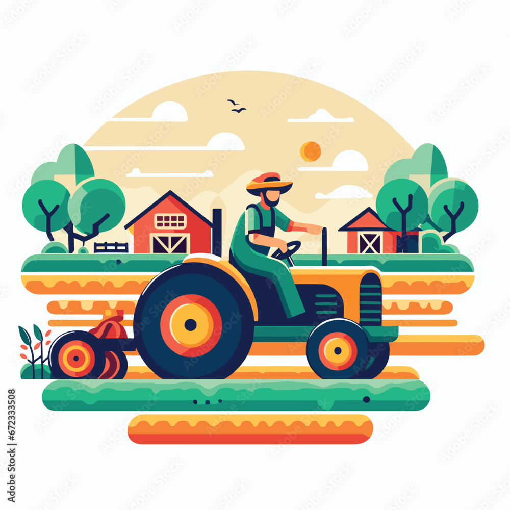 Countryside Craft: Flat Design of Farmer and Tractor