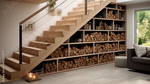 modern solution to storage pile of wood under the stairs at home 8k 