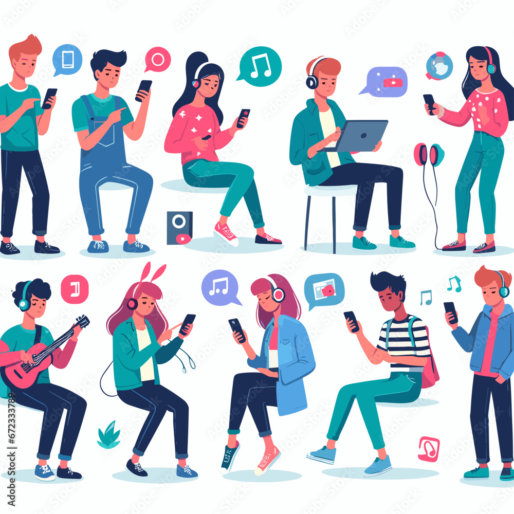 Obraz premium Tech-Savvy Teens: Flat Design of Youngsters Engaging in Digital Dialogues