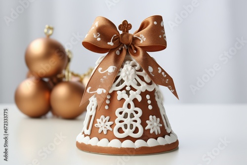 Gingerbread bell ornament adorned with white icing and brown bow. Winter celebrations. Traditional Christmas and 2024 New Year's baking. Design for holiday banner, festive culinary poster, or backdrop