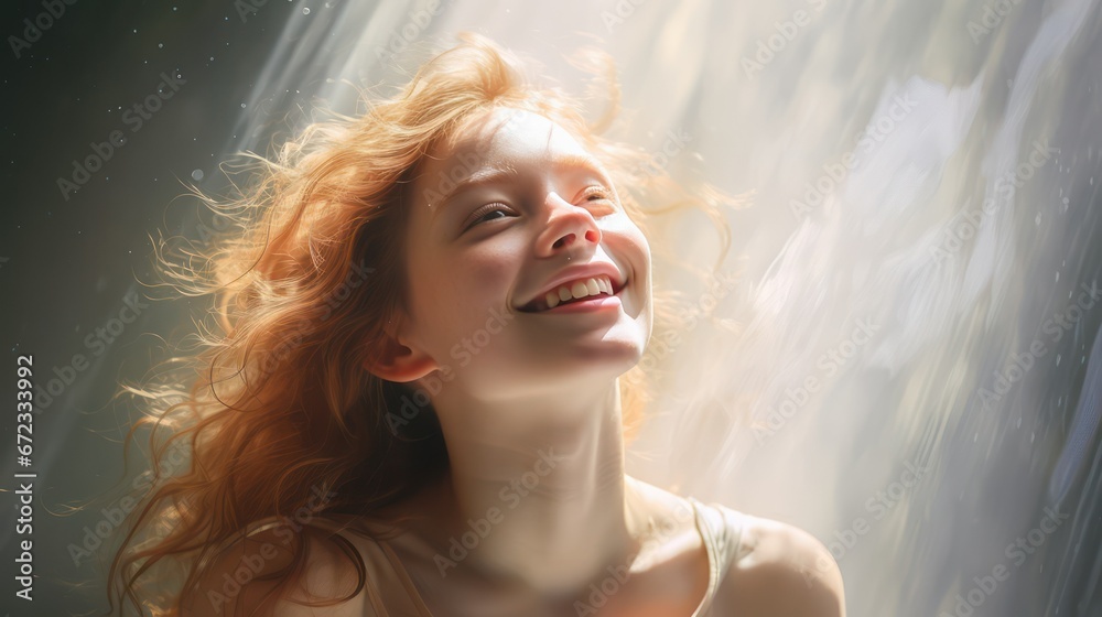 Girl smiling while looking up to. Joyful and optimistic, natural beauty.