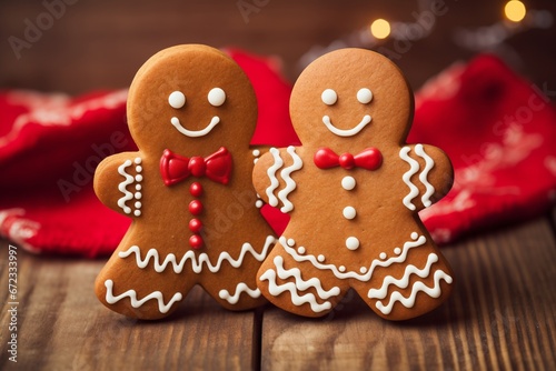 Smiling gingerbread couple with on wooden table with red blanket. Christmas and New Year baking joy. Desiign for holiday greetings, culinary websites, and festive banners