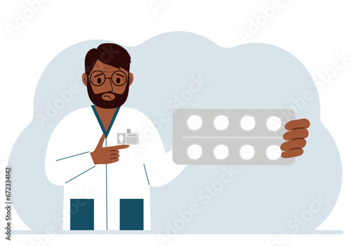 A male doctor in a white coat holds a large plate with pills. Vector