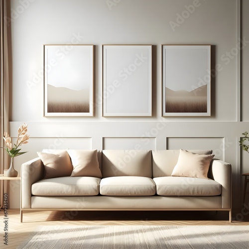 A sleek beige sofa sits against a crisp white wall, adorned with three mock up poster frames. The mid century interior design of this modern living room exudes sophistication