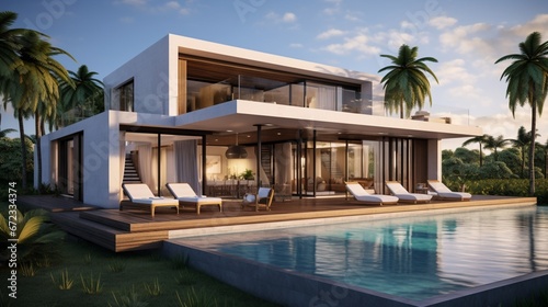 Modern villa with pool and deck with interior and exterior views 8k 