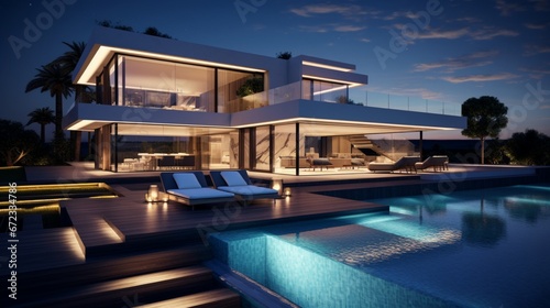 Modern villa with pool, night scene 8k, © Creative artist1