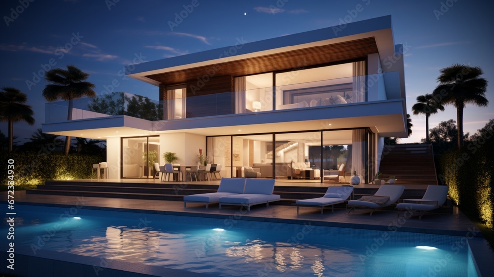 Modern villa with pool, night scene 8k,