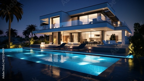 Modern villa with pool, night scene 8k, © Creative artist1