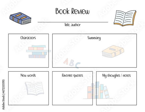 Book review template for kids. Reading report worksheet. Vector blank page with cute doodle design. US Letter paper size