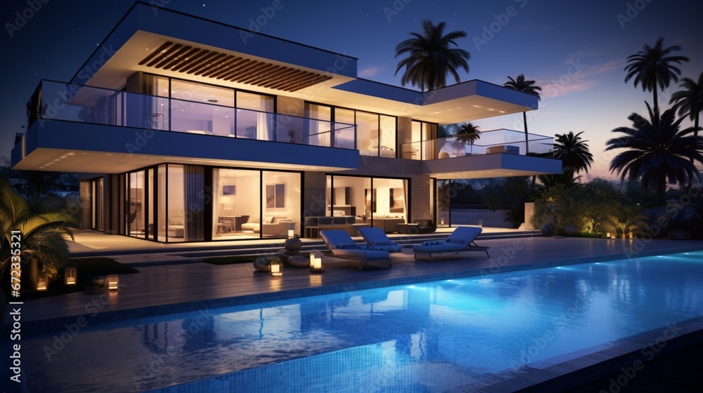 Modern villa with pool, night scene 8k,