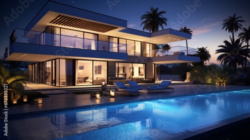 Modern villa with pool  night scene 8k 
