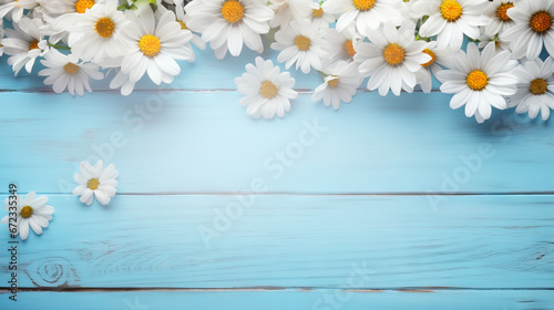  a bunch of white daisies on a blue wooden background.  generative ai © Shanti