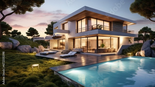 Modern villa with pool, view from the garden 8k,
