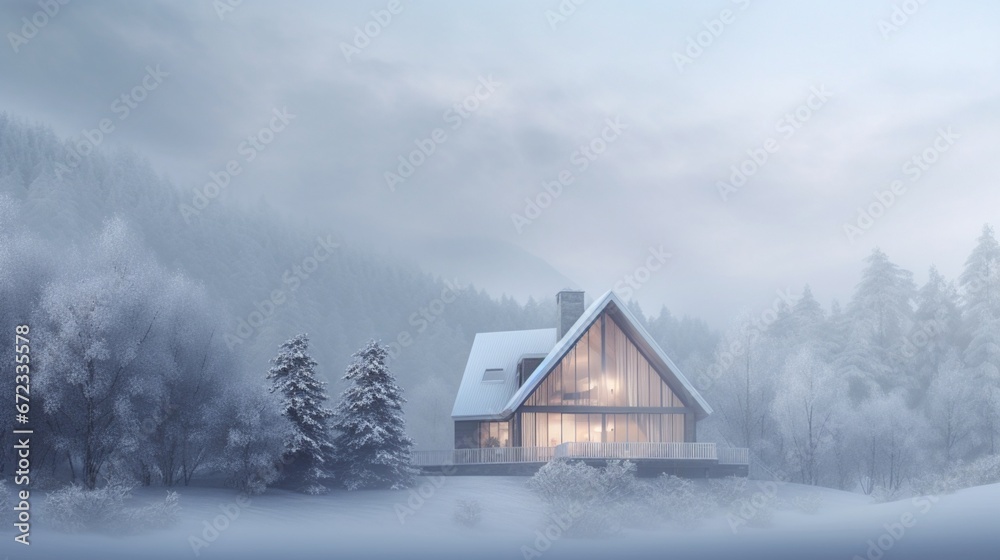 Modern white house with large windows surronded by mountain, snow and fog. Chirstmas mood 8k,