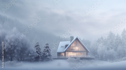 Modern white house with large windows surronded by mountain, snow and fog. Chirstmas mood 8k, © Creative artist1