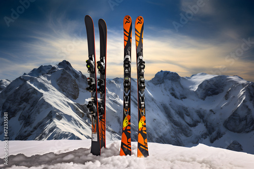 ski landscape, cross skis, ski touring equipments, winter mountain, Snow sports, Traveling concept background, Concept travel ski, snow mountains