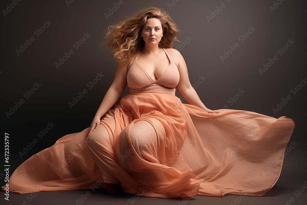 Portrait of a curvy woman wearing a long dress and posing in a photo-studio set with a grey background.  - obrazy, fototapety, plakaty 