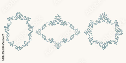Frame border classic vintage style hand drawn vector illustration . Round and oval frame  for invitations, wedding decor, menu, monogram, paper, print. Set with elegant background template for design