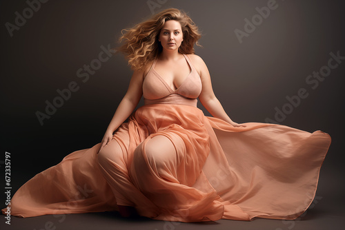 Portrait of a curvy woman wearing a long dress and posing in a photo-studio set with a grey background.  photo