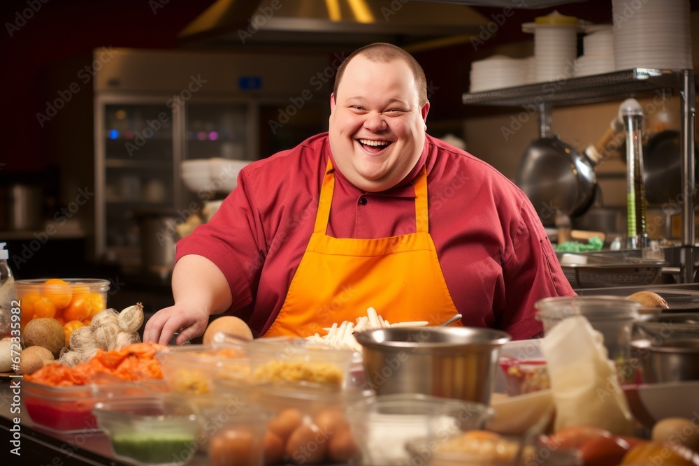 A chef with Down syndrome demonstrating culinary expertise in a professional kitchen