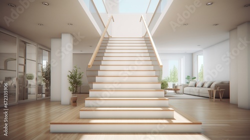 Modern white stairs with wooden handrail 8k, photo