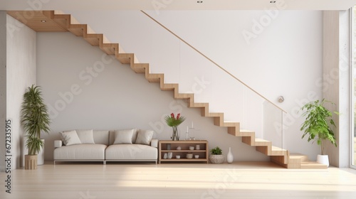 Modern white stairs with wooden handrail 8k, © Creative artist1