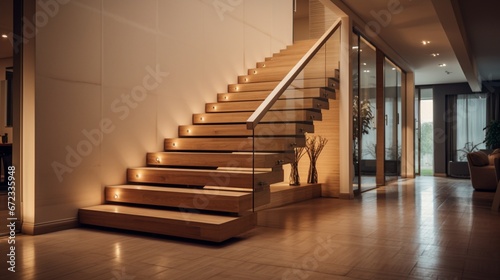 Modern wooden stairs in the hallway in big house 8k,