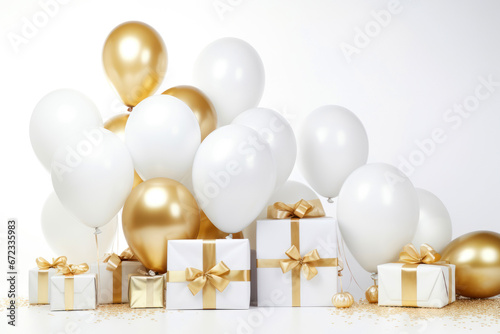 Birthday card with white and golden balloons and gift boxes on light background