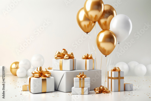 Birthday card with white and golden balloons and gift boxes on light background