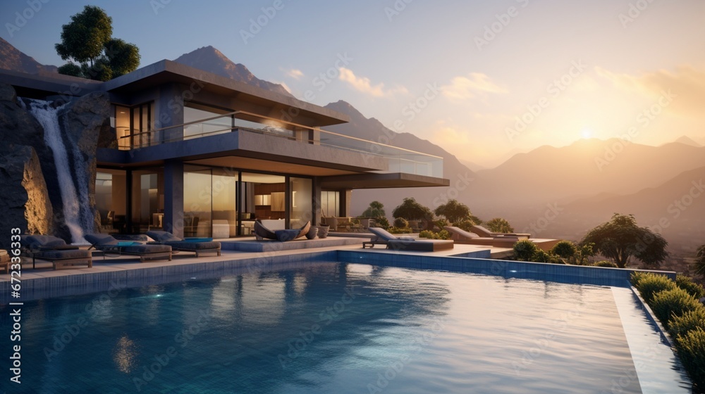 Mountains in background of luxury home showcase exterior house with swimming pool 8k,