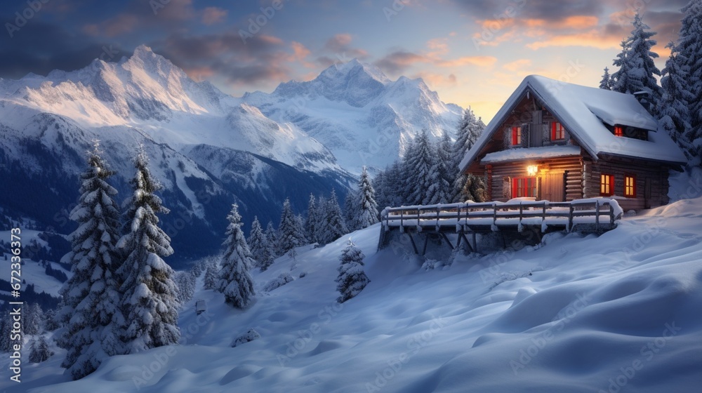 Mountain house on winter time 8k,