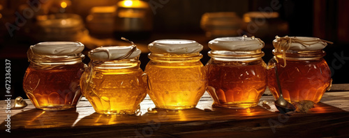 Rustic glass jars filled with fresh bee honey.