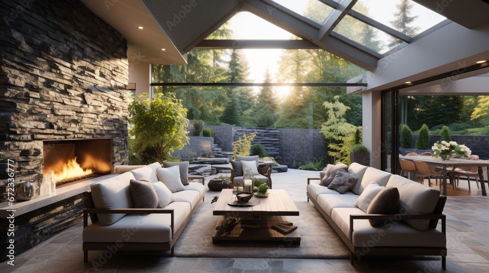 New modern home features a backyard with covered patio accented with stone fireplace, vaulted ceiling with skylights and furnished with gray wicker sofa placed on concrete floor