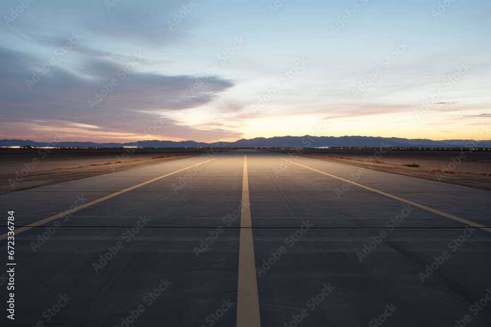 Fototapeta premium Clouds against the setting sun and the expansive view of the empty airport runway