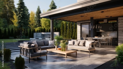 New modern home features a backyard with covered patio accented with stoned pillars and furnished with gray wicker sofa placed on concrete floor. 