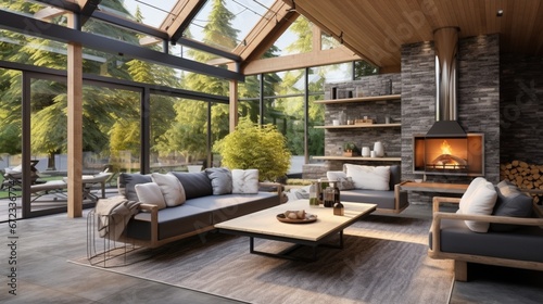New modern home features a backyard with covered patio accented with stone fireplace, vaulted ceiling with skylights and furnished with gray wicker sofa placed on concrete floor.