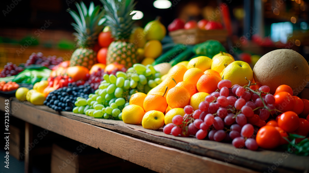 Big choice of fruits and vegetables on a market counter. Big choice of fruits and vegetables on a market counter.