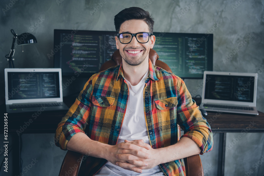 Photo of confident successful front end developer sitting chair ...
