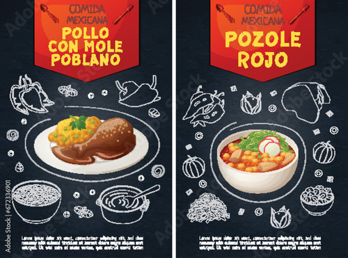Pozole and mole poblano illustrations on black chalkboard menu vector design. Food icons of mexican traditional cuisine for restaurant posters cartoon icons.