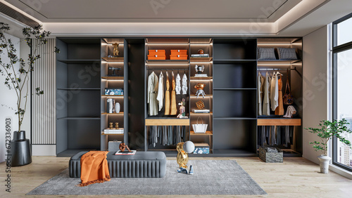 3d rendering dressing room wardrobe cabinet storage interior scene
