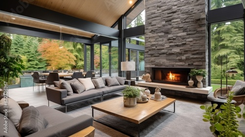 New modern home features a backyard with covered patio accented with stone fireplace, vaulted ceiling with skylights and furnished with gray wicker sofa placed on concrete floor