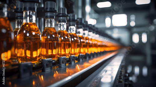 a row of bottles filled with liquid on a conveyor belt in a factory or factory with a machine in the background
