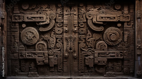 A photograph capturing an intricately carved wooden door adorned with ancient symbols, hinting at a forgotten world waiting to be unlocked.
