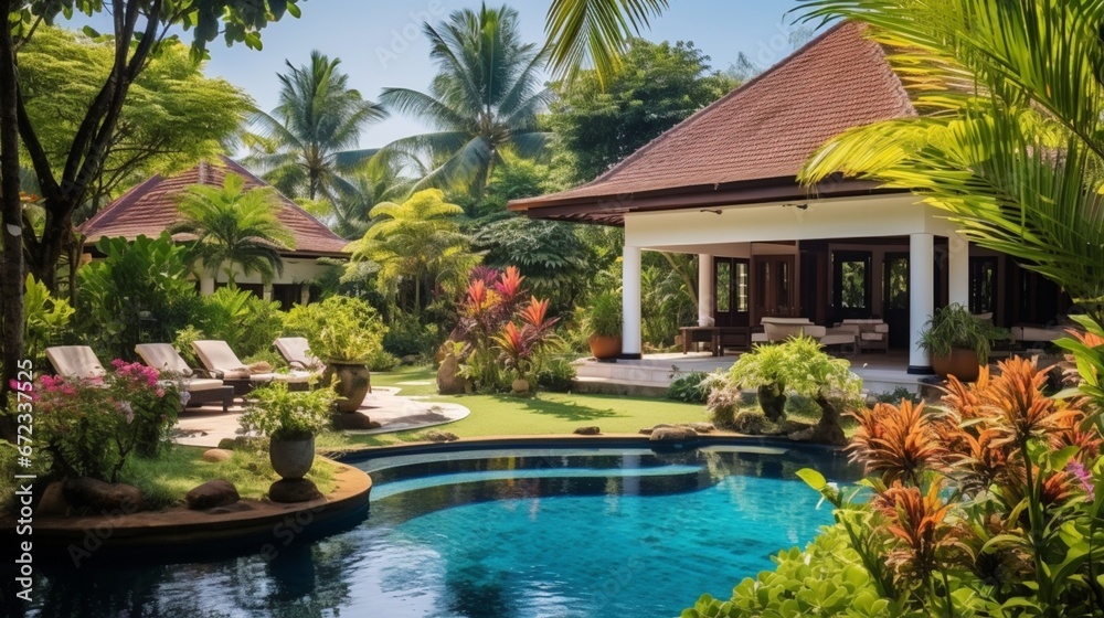 Nice tropical backyard, idyllic scenic courtyard with swimming pool. Landscaping of residential house in summer. Scenery of luxury home garden, tropical bungalow back yard