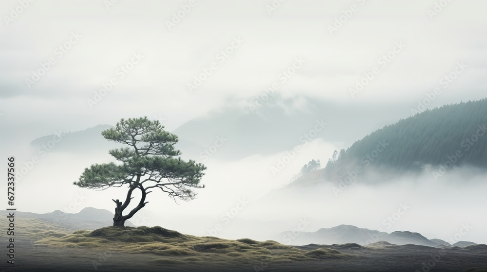 Serene Landscape of Lone Pine Tree on Misty Mountain Amidst Wilderness